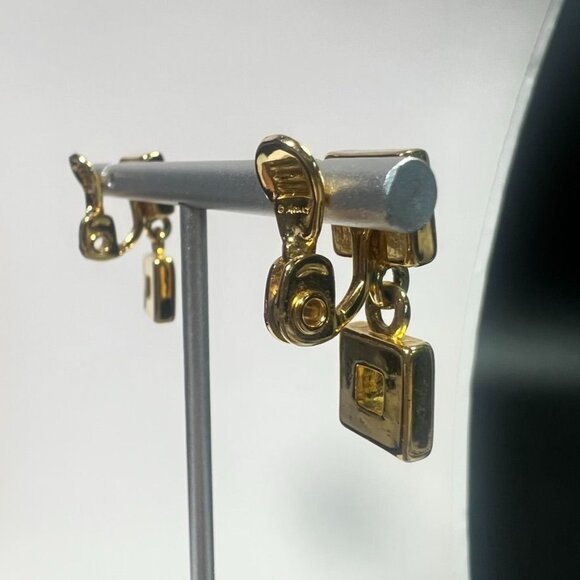 Vtg Monet Gold-Tone Geometric Square Drop Dangle Earrings Open Square Design - Picture 6 of 10